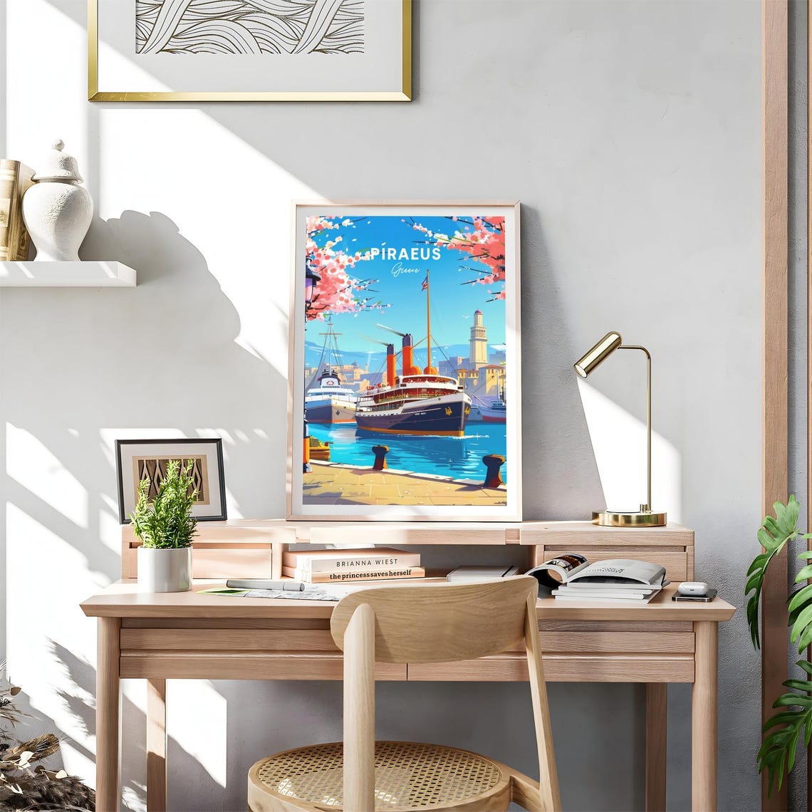 Piraeus Greece Vintage Ocean Liner Harbor Blossom Scene Travel Poster - Image 4