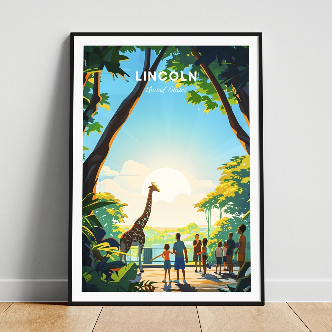 Lincoln United States Zoo Giraffe Family Sunset Wildlife Travel Poster