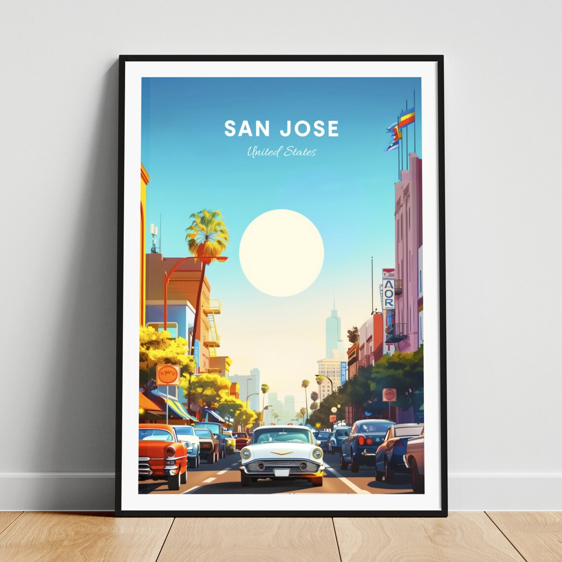 San Jose Busy Street Classic Cars Palms Neon Signs Travel Poster