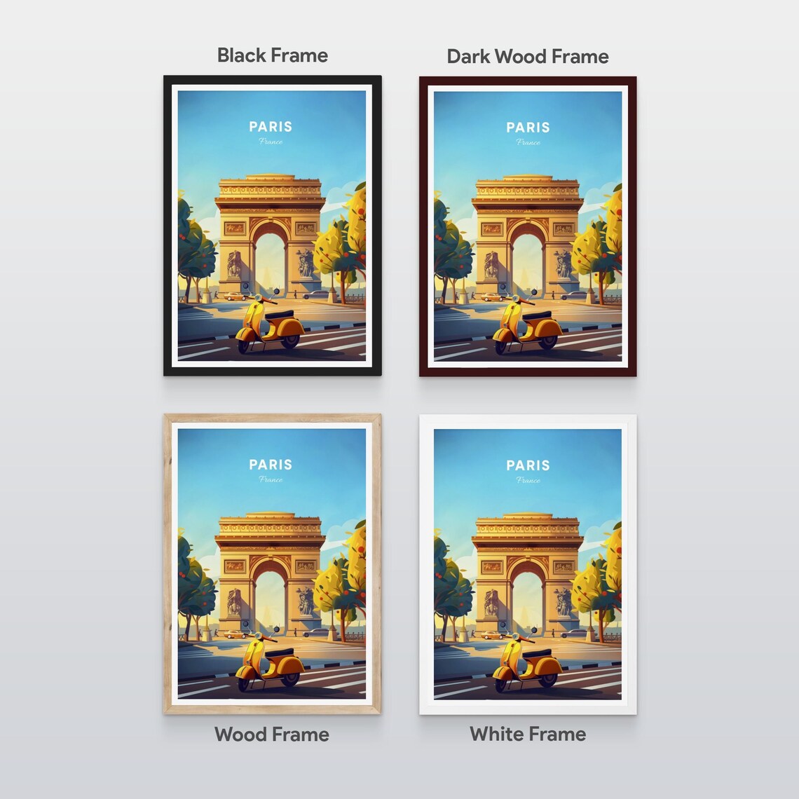 Paris France Arc de Triomphe Vintage Yellow Scooter Travel Poster - Image 2