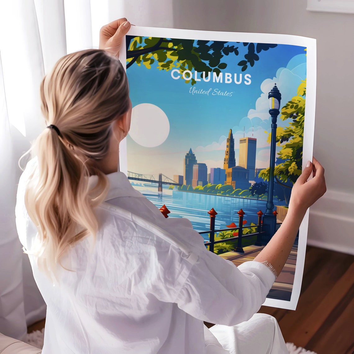 Columbus Ohio Riverfront Promenade City Skyline Sunny Day Poster - Image 3