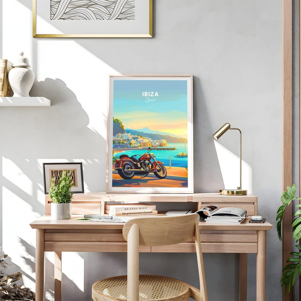 Ibiza Spain Red Motorcycle Waterfront Old Town Sunset Poster - Image 4