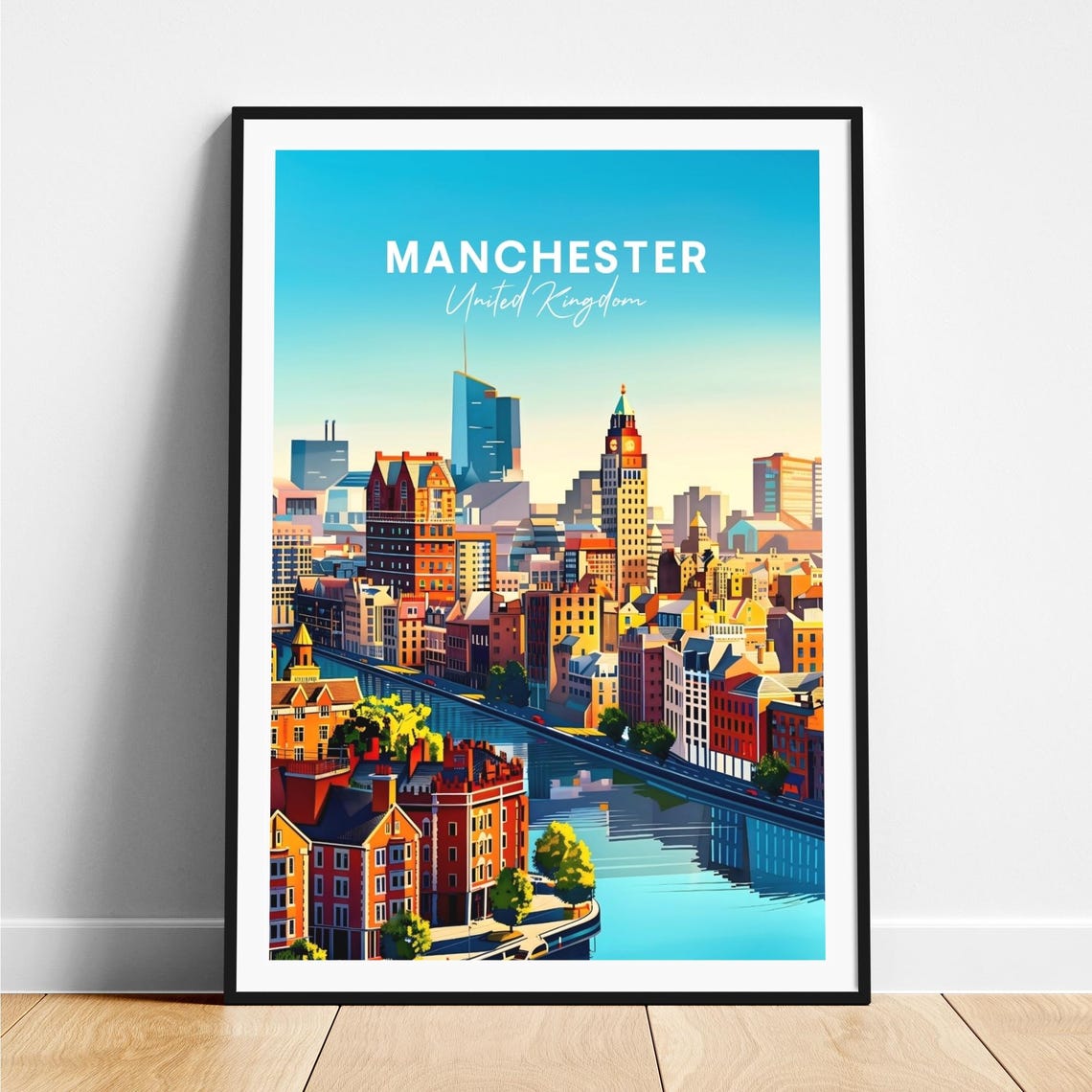 Manchester United Kingdom City Skyline River Daytime View Poster