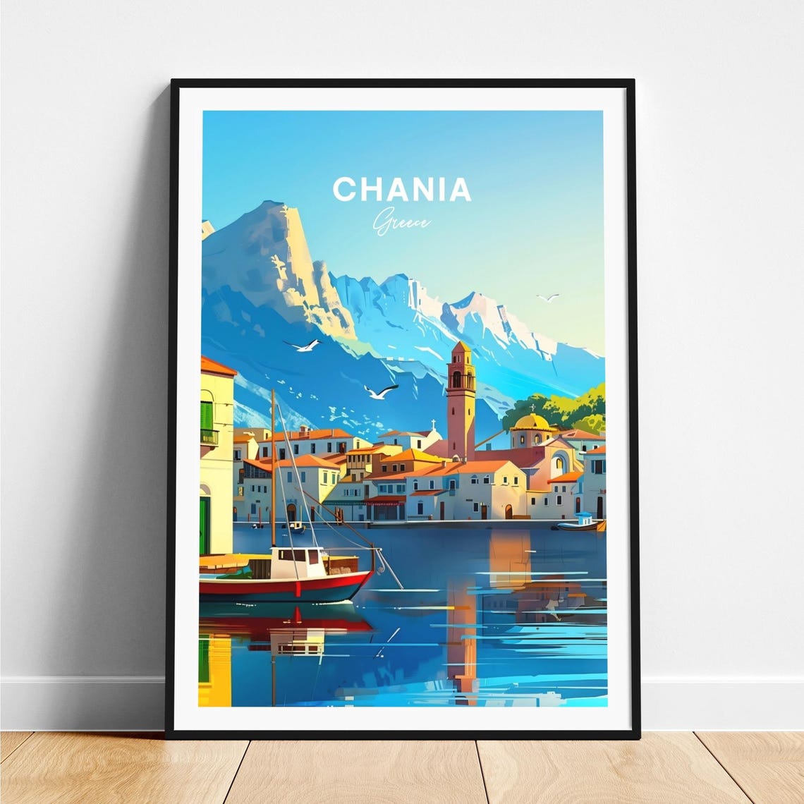 Chania Greece Venetian Harbor with Mountains and Fishing Boat Poster