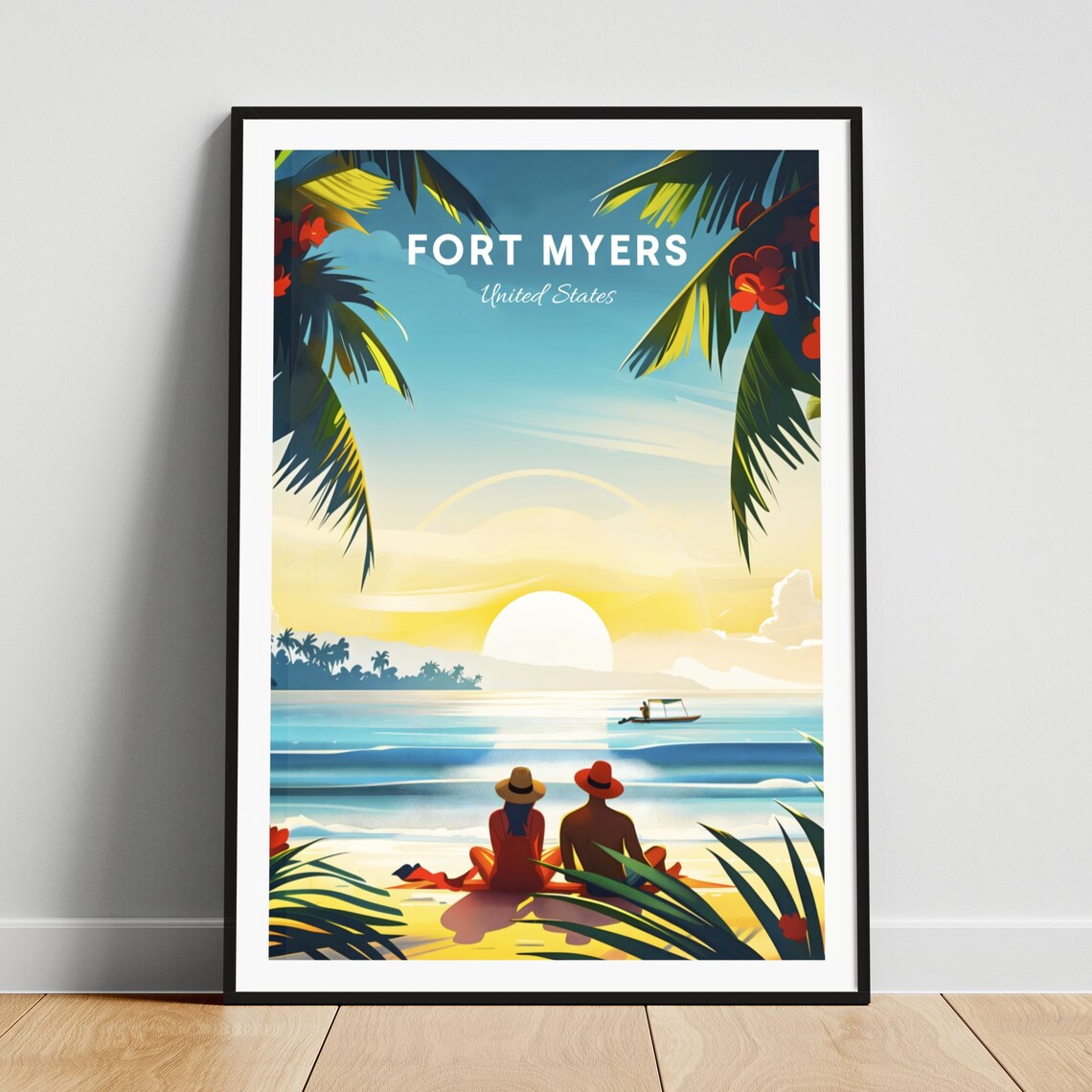 Fort Myers Florida Beach Sunrise Couple Palm Trees Travel Poster