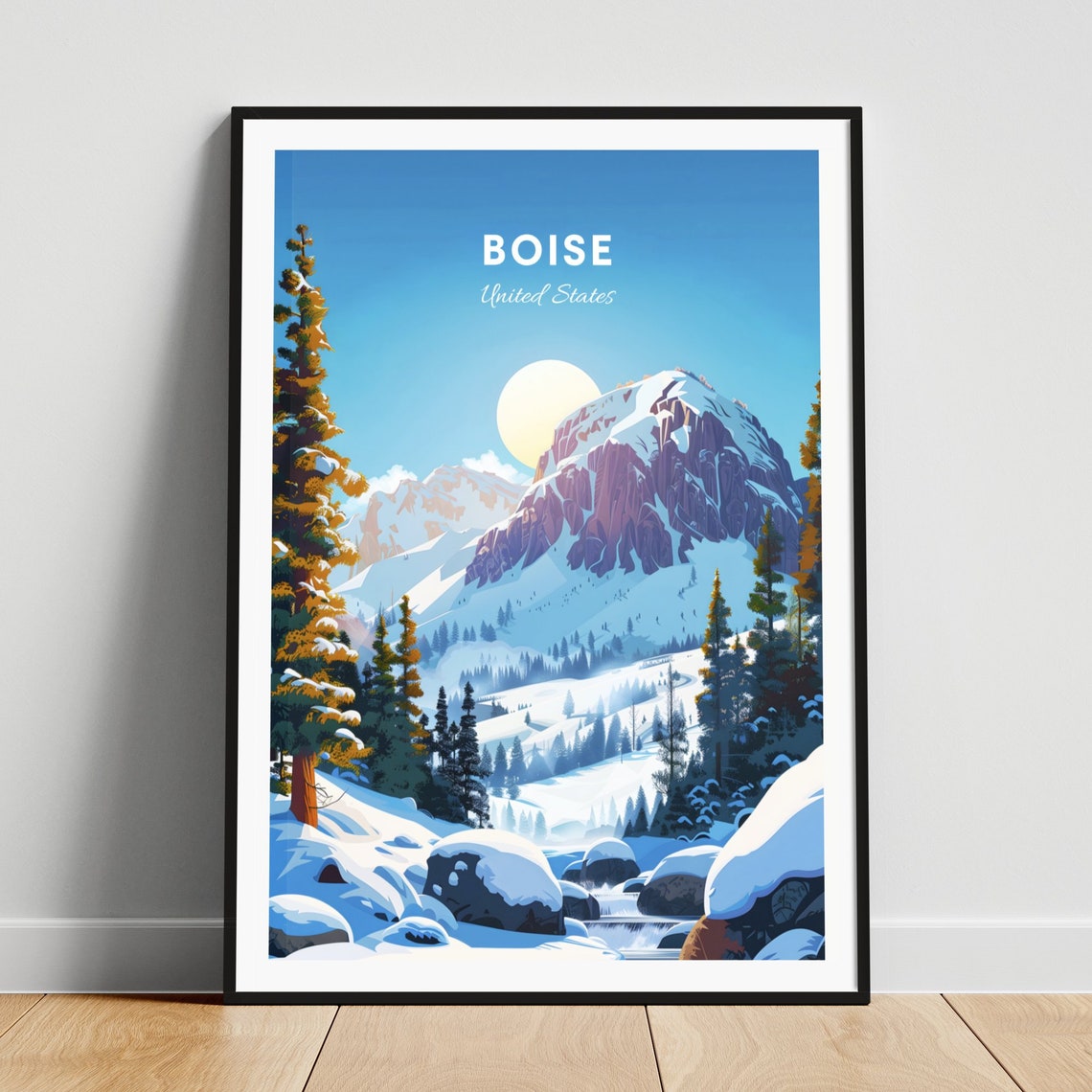 Boise Idaho Snowy Mountain Peak Winter Sunset View Travel Poster