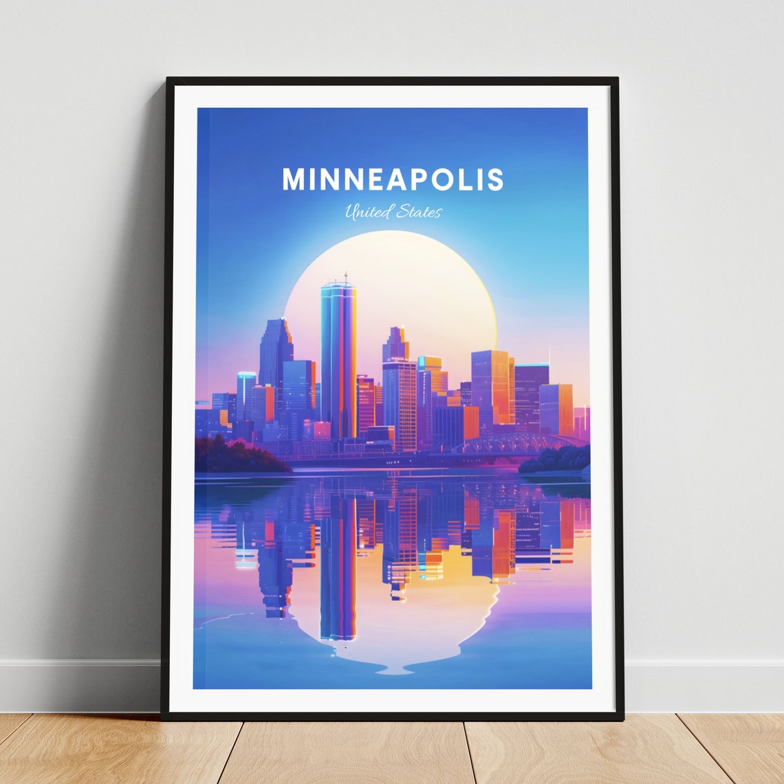 Minneapolis Minnesota Skyline Sunset Water Reflection Travel Poster
