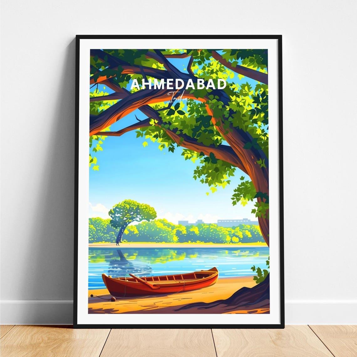Sunny Ahmedabad India Riverside Banyan Tree and Red Boat Poster