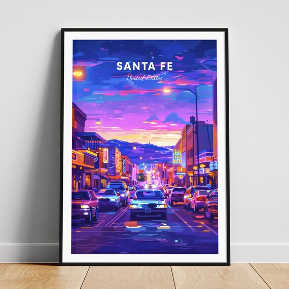 Santa Fe New Mexico Neon Night Street Scene Retro Travel Poster