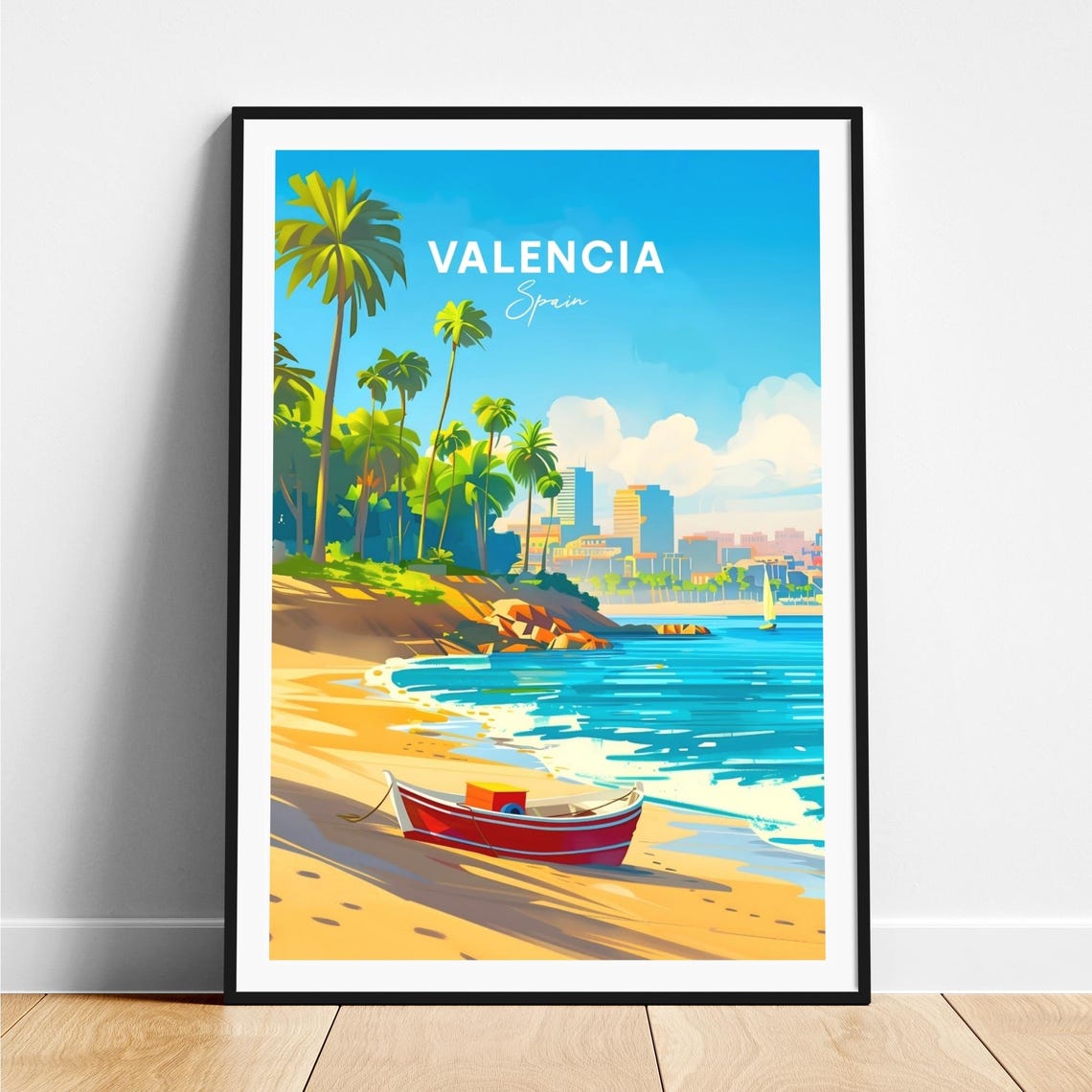 Valencia Beach Palm Trees Red Boat Sunny Shoreline Travel Poster