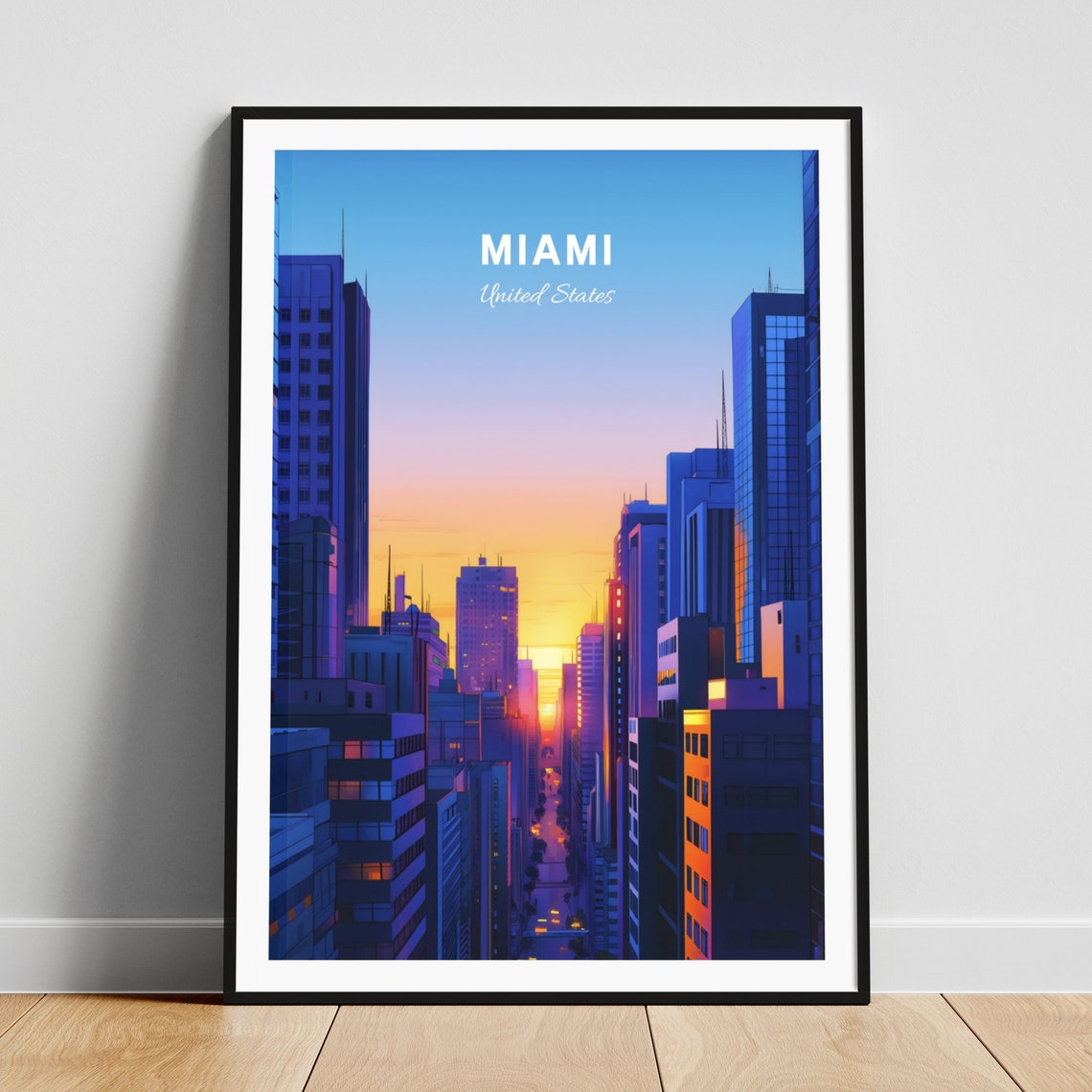 Miami Skyline Sunset Downtown Towers Vintage Cityscape Poster