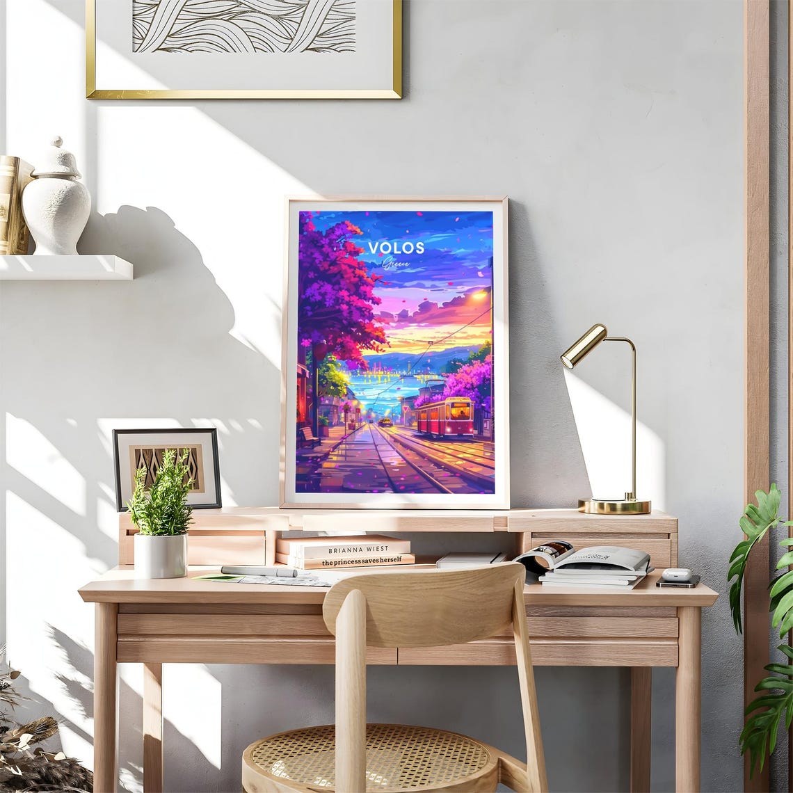 Volos Greece Red Tram at Dusk with Blossoms and Harbor Lights Poster - Image 4