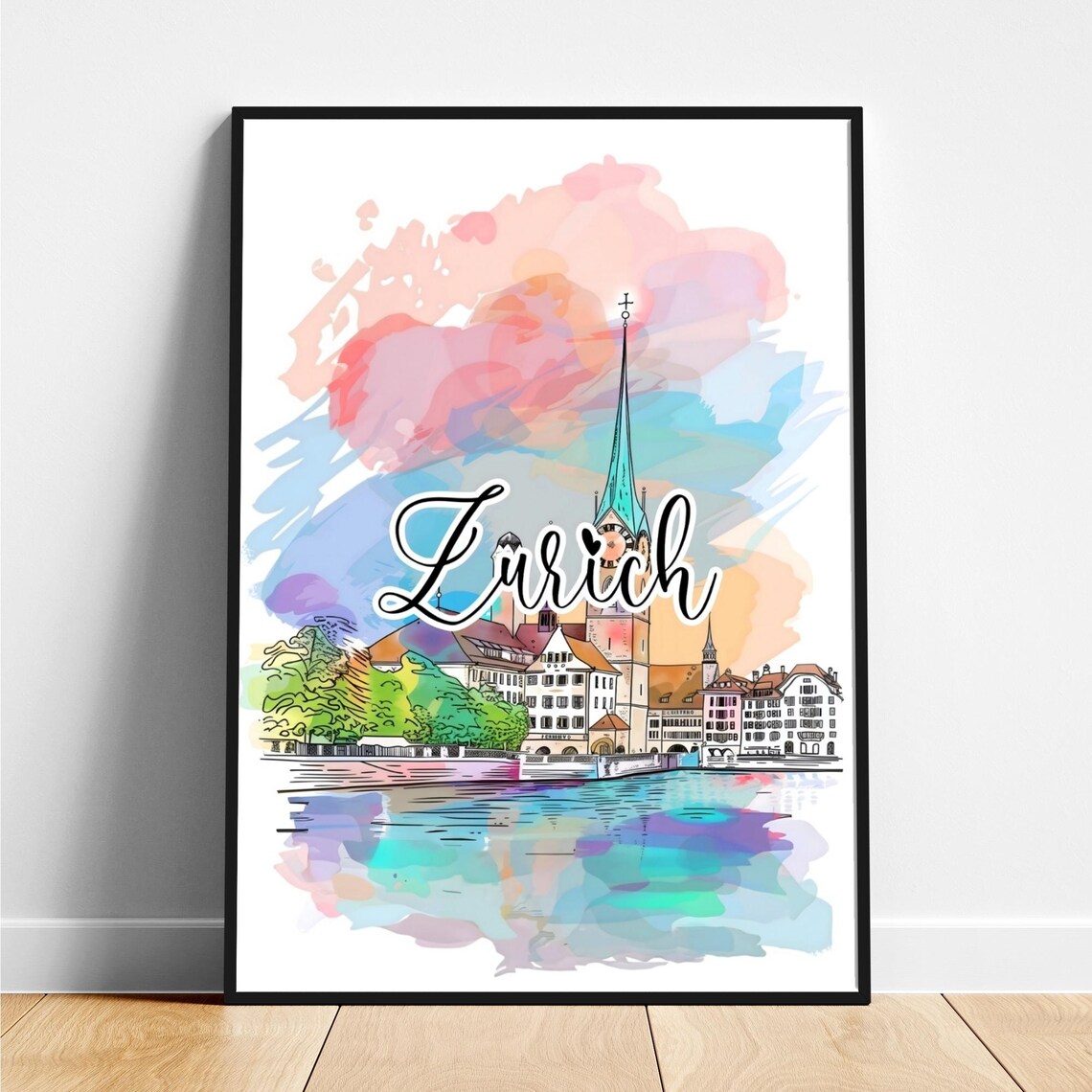Zurich Switzerland Watercolor Riverside Church Spire Travel Poster