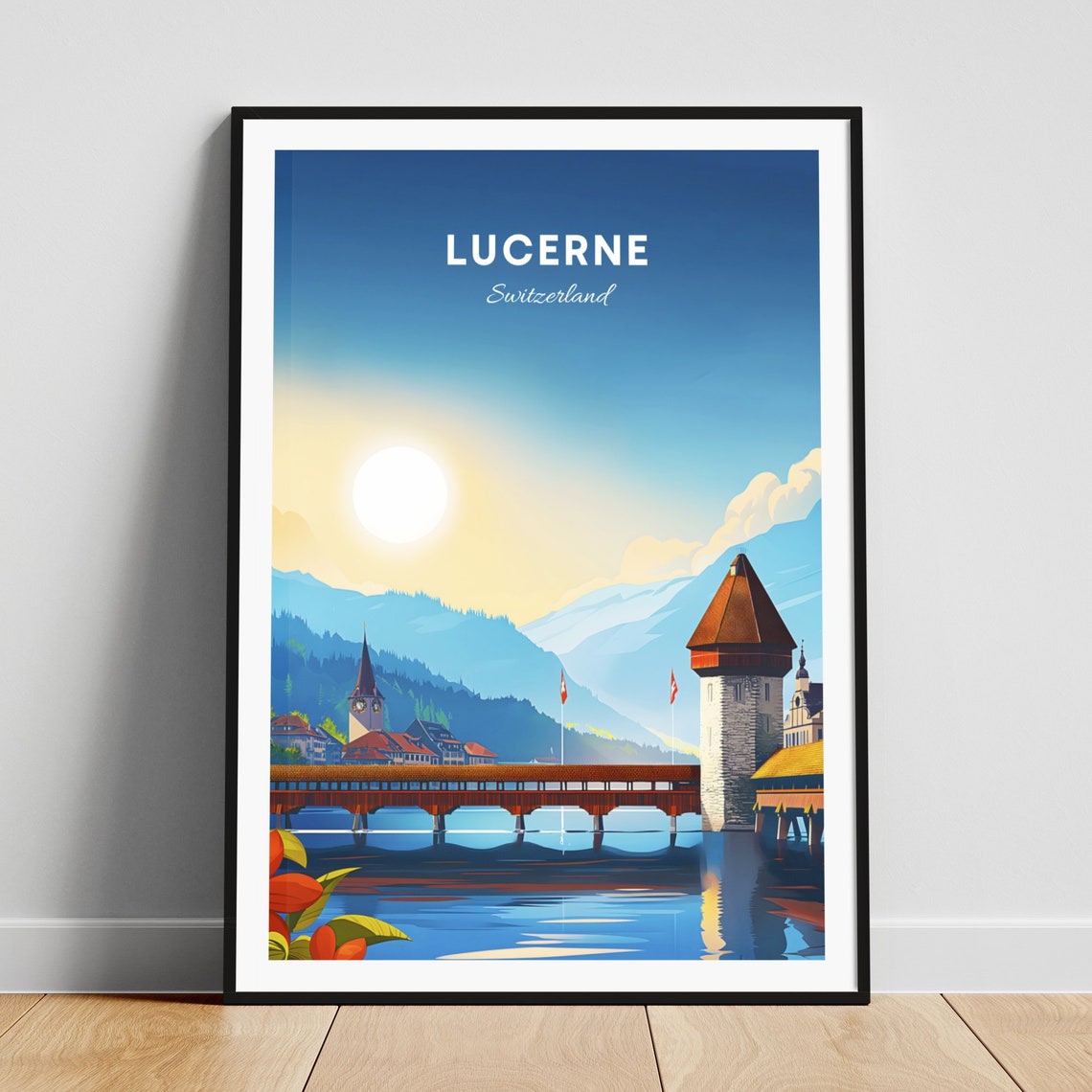 Lucerne Switzerland Chapel Bridge Sunrise Lake Travel Art Poster