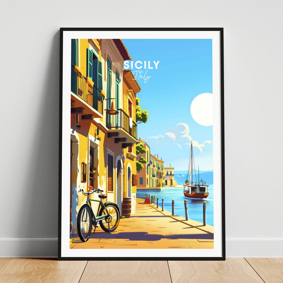 Sicily Italy Sunny Waterfront Street Bicycle Boat Scene Travel Poster