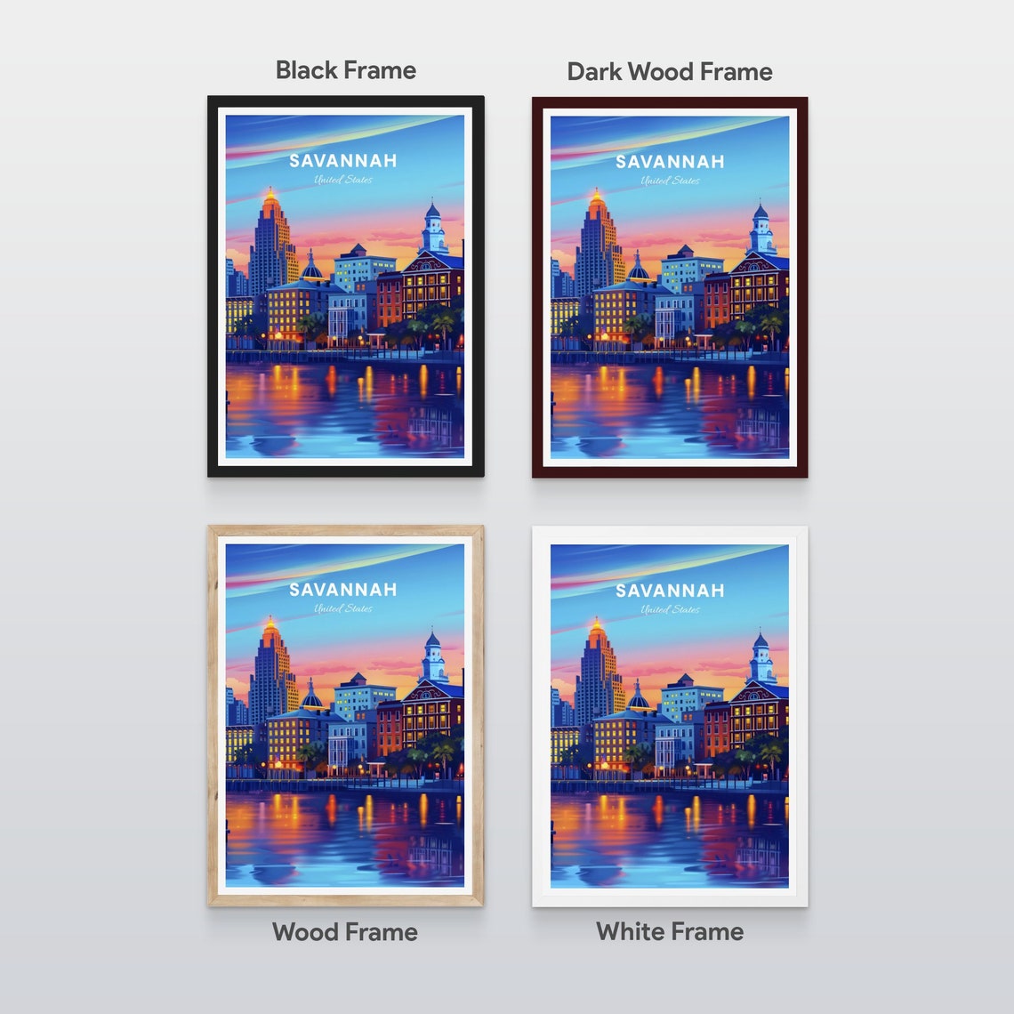 Savannah Riverfront Skyline Dusk Water Reflection Travel Poster - Image 2