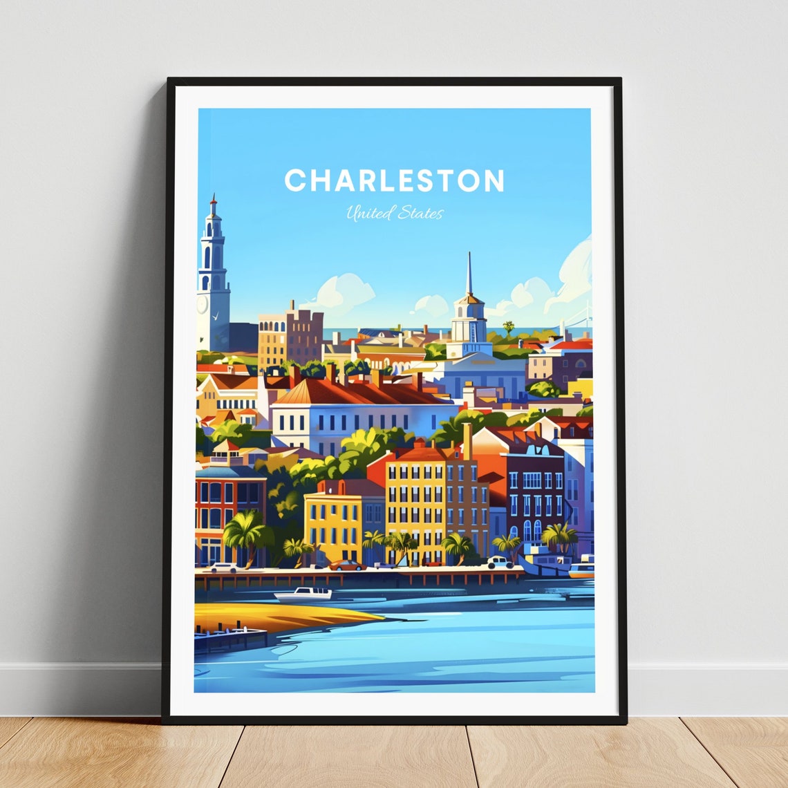 Charleston Historic Waterfront District Harbor Boats Travel Poster