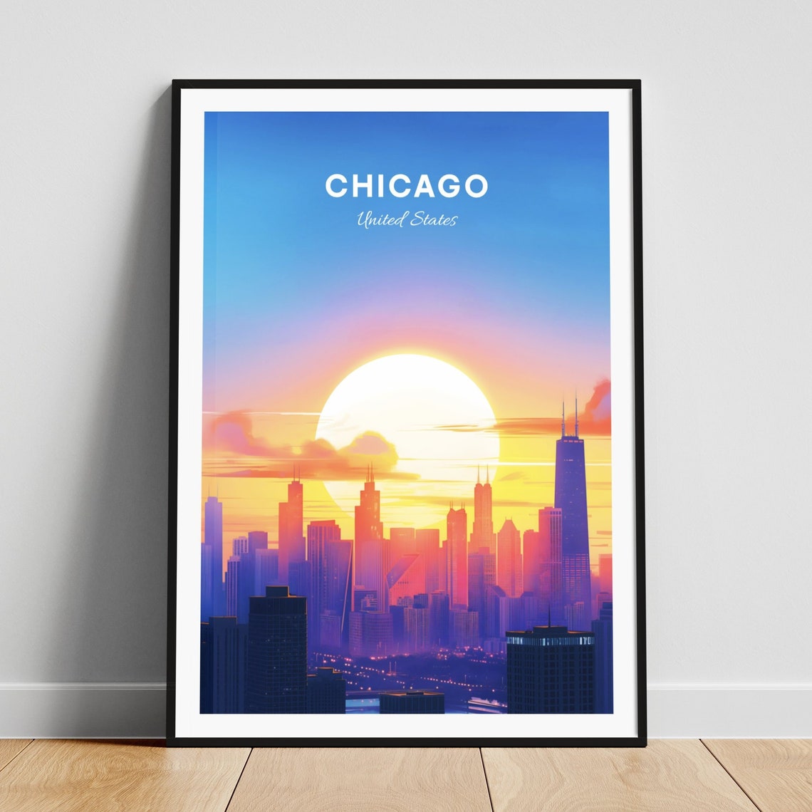 Chicago Illinois Sunset Skyline Silhouette Willis Tower Travel Poster