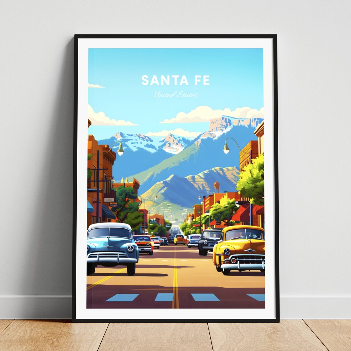Santa Fe New Mexico Vintage Cars Mountain Street Travel Poster
