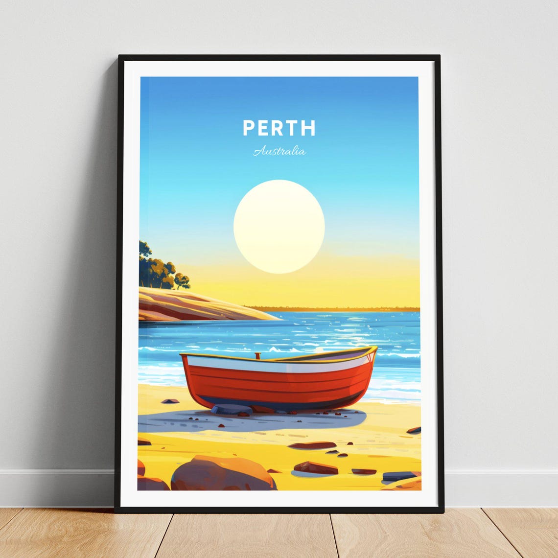 Perth Australia Red Boat Sandy Beach Sunset Coast Scene Poster