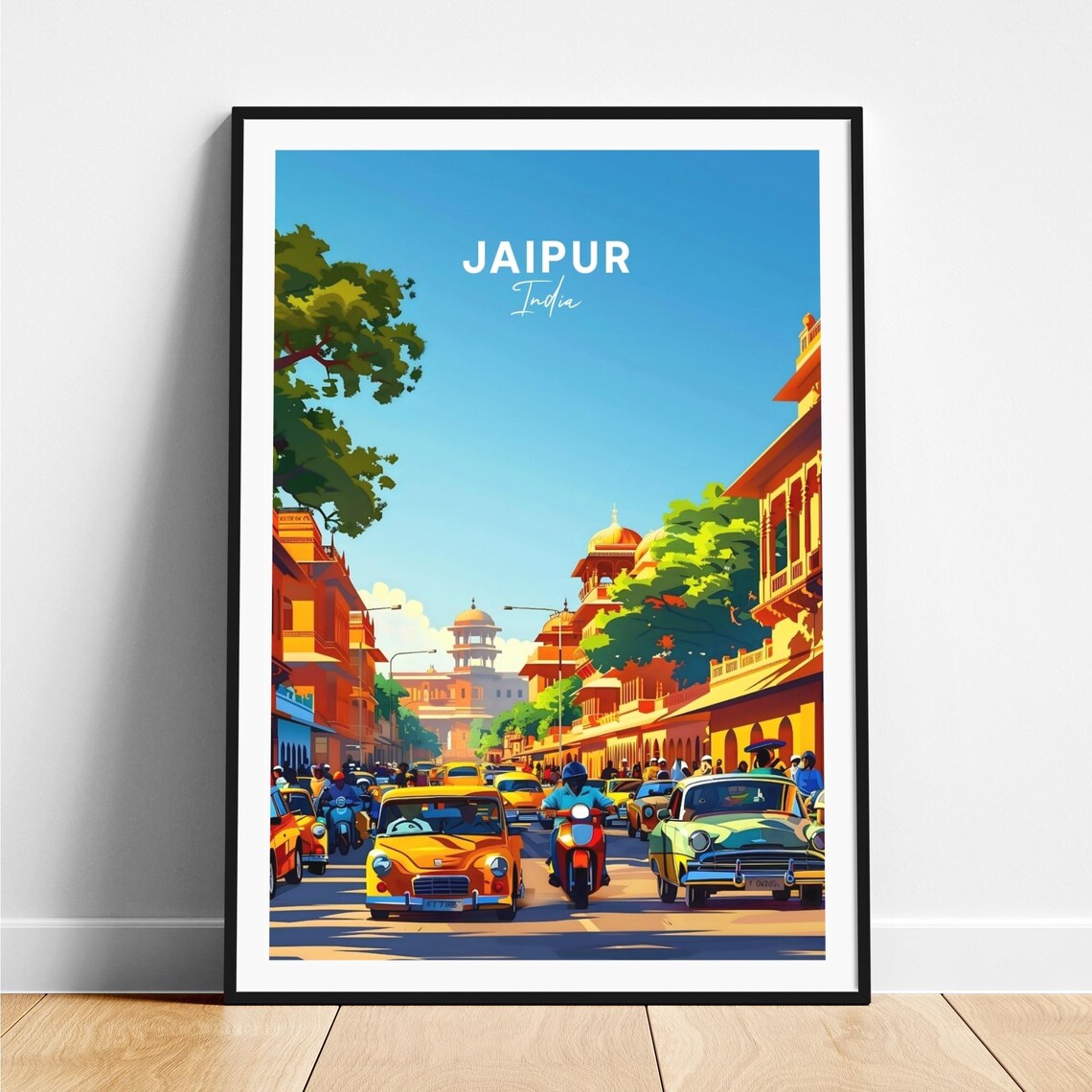 Jaipur Busy Pink City Street Vintage Cars India Travel Poster