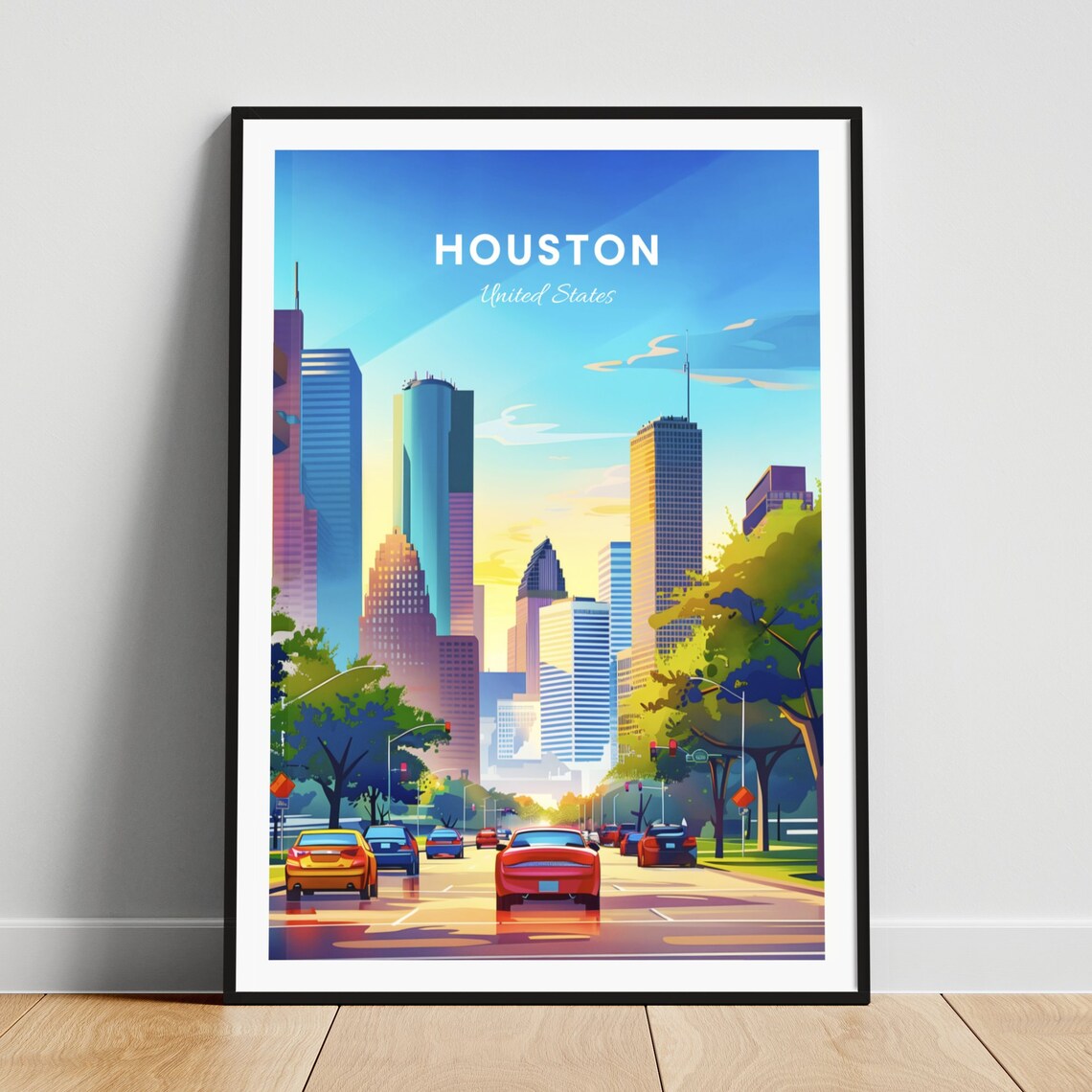 Houston Texas Downtown Street and Towers in Golden Sunset Poster