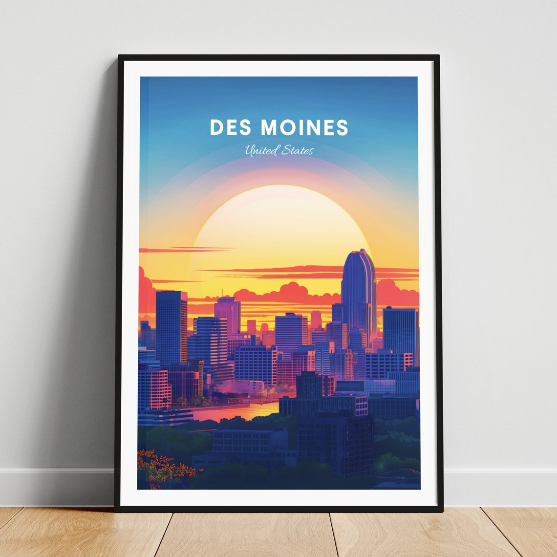 Des Moines City Skyline Sunset Over Downtown Iowa Travel Poster