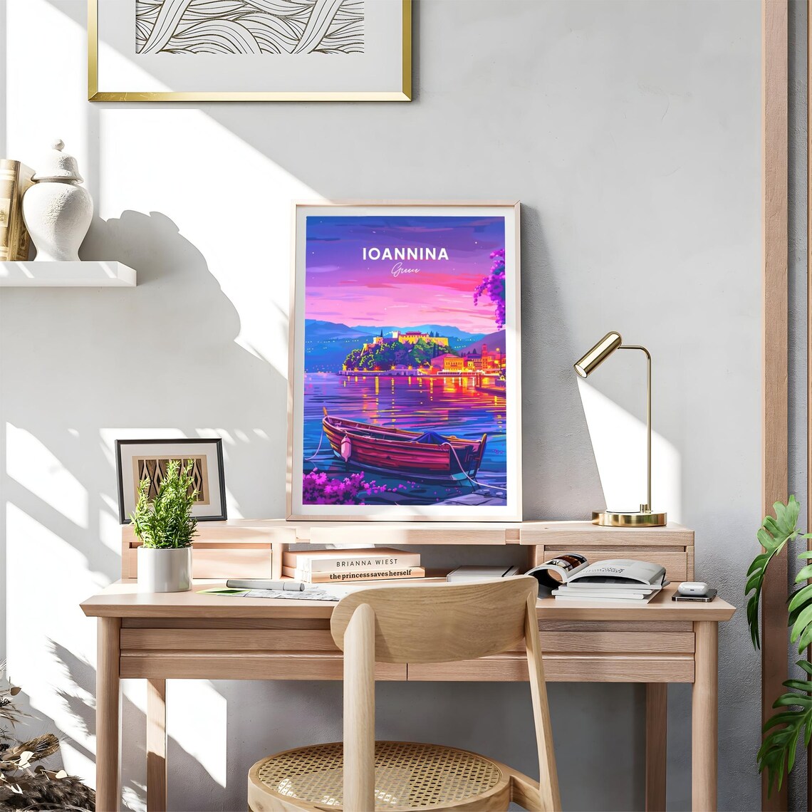 Ioannina Greece Castle Town Night Lake Boat Travel Art Poster - Image 4