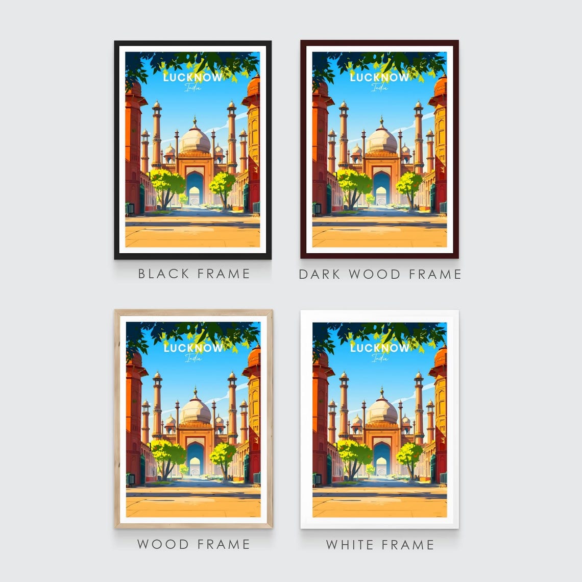 Lucknow India Grand Mosque with Tall Minarets and Gateway Poster - Image 3