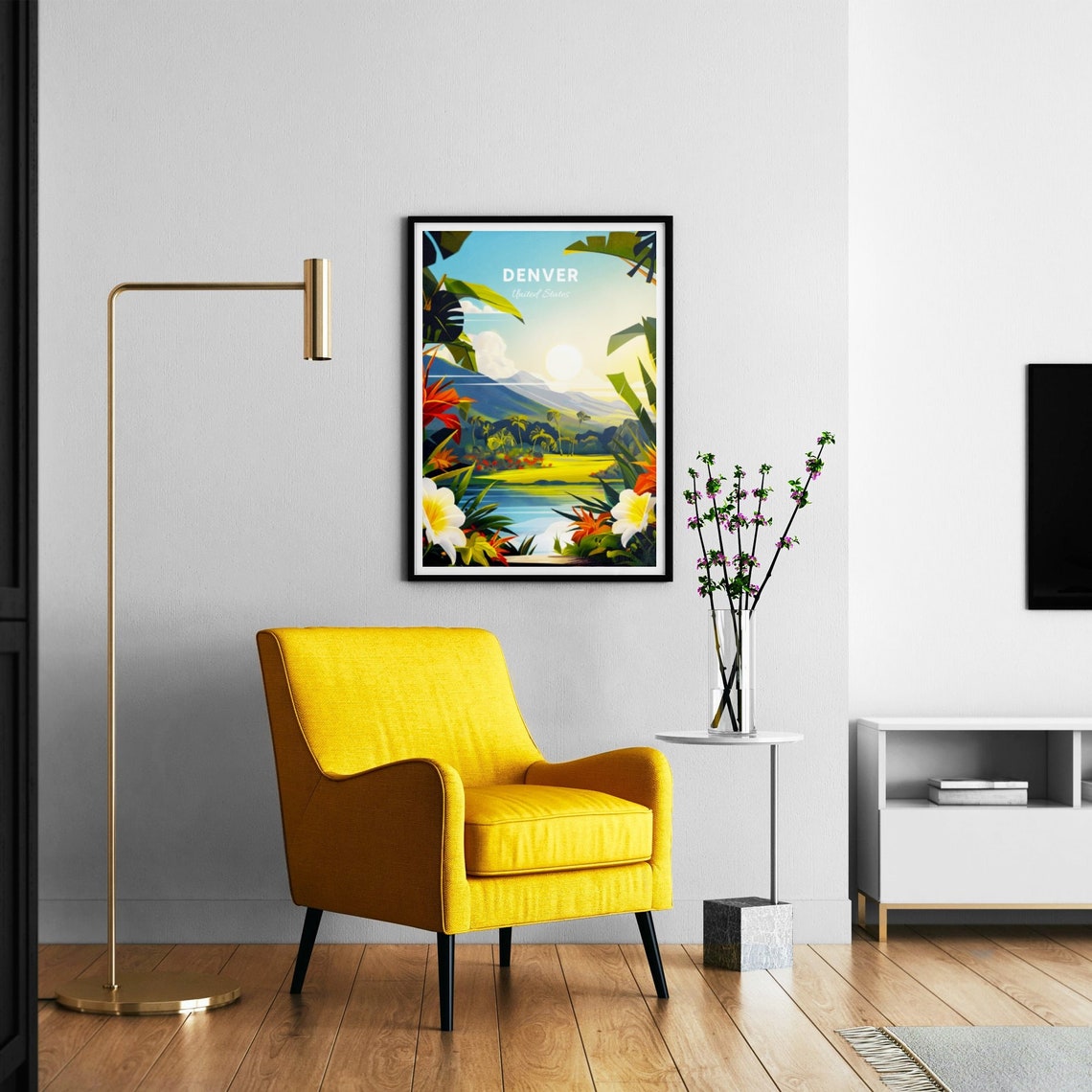 Denver Colorado Tropical Lake Palms Mountain Sunset Travel Poster - Image 3