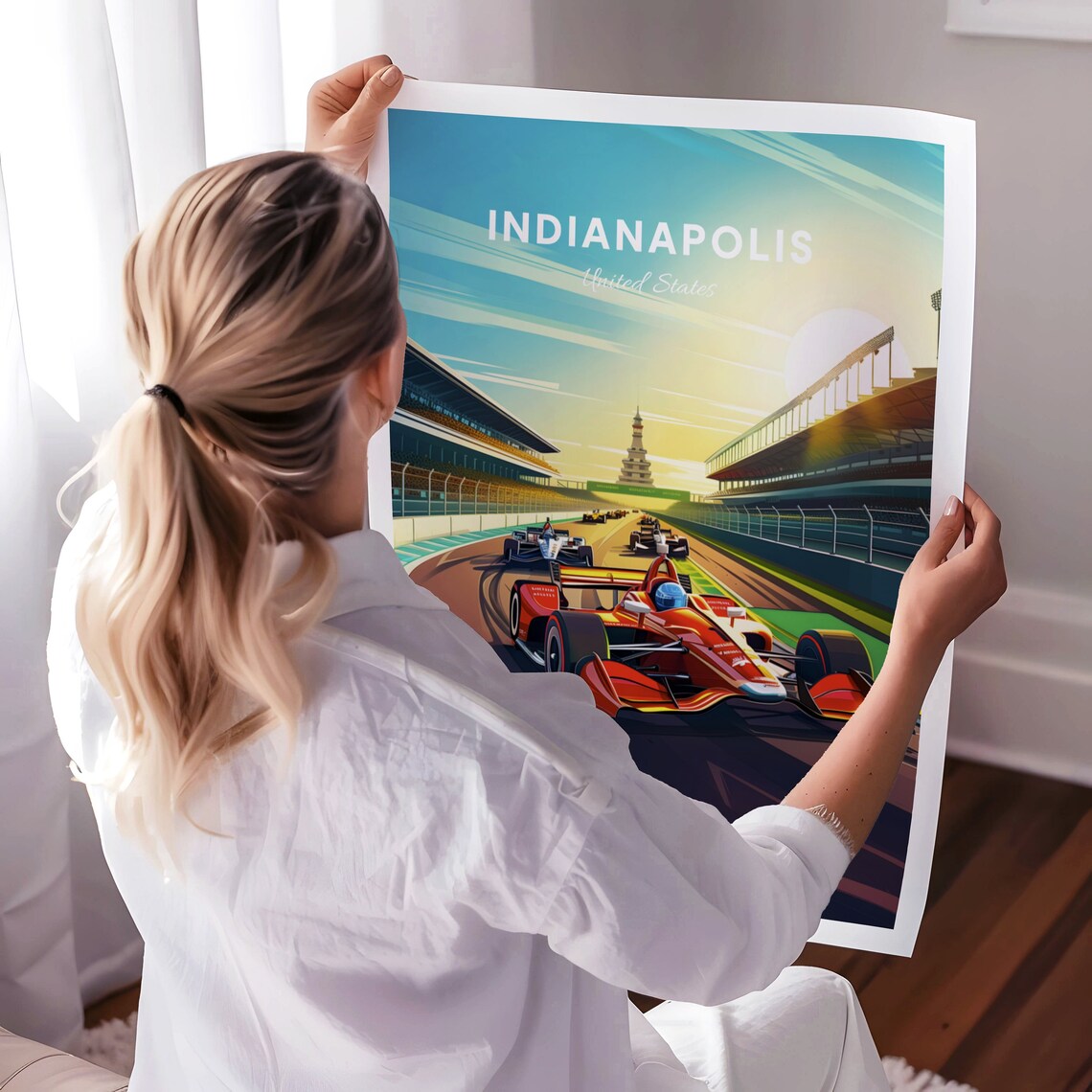 Indianapolis Racetrack Red Race Cars Sunset Speed Thrill Poster - Image 3