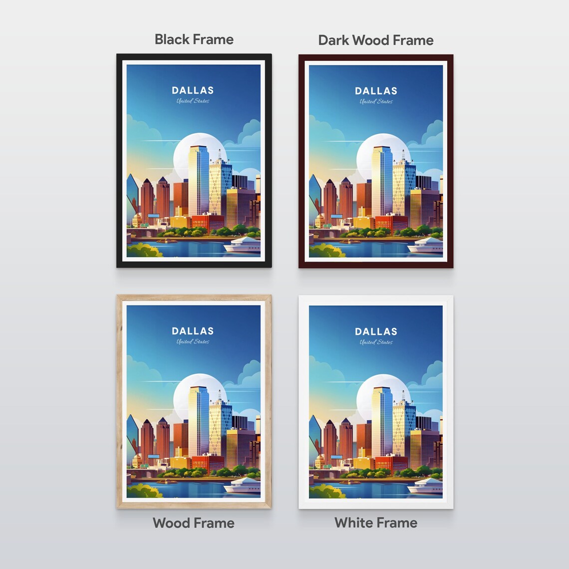 Dallas Daytime Skyline Over the River with Boats and Bridge Poster - Image 2