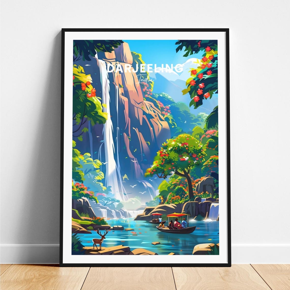 Darjeeling Waterfall Lush Cliffs Boats Deer India Travel Poster