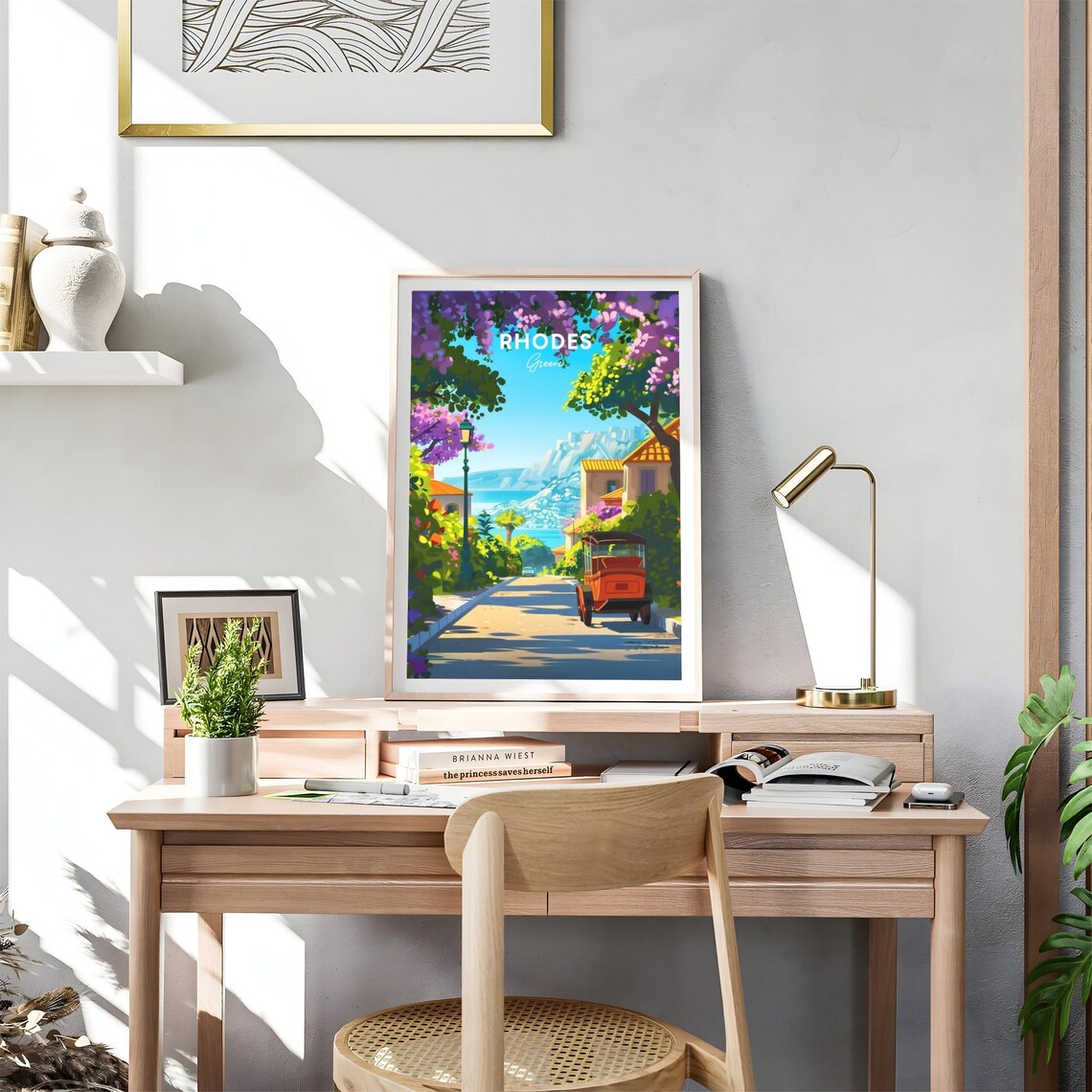 Rhodes Greece Flower Street Vintage Car Sea View Travel Poster - Image 4
