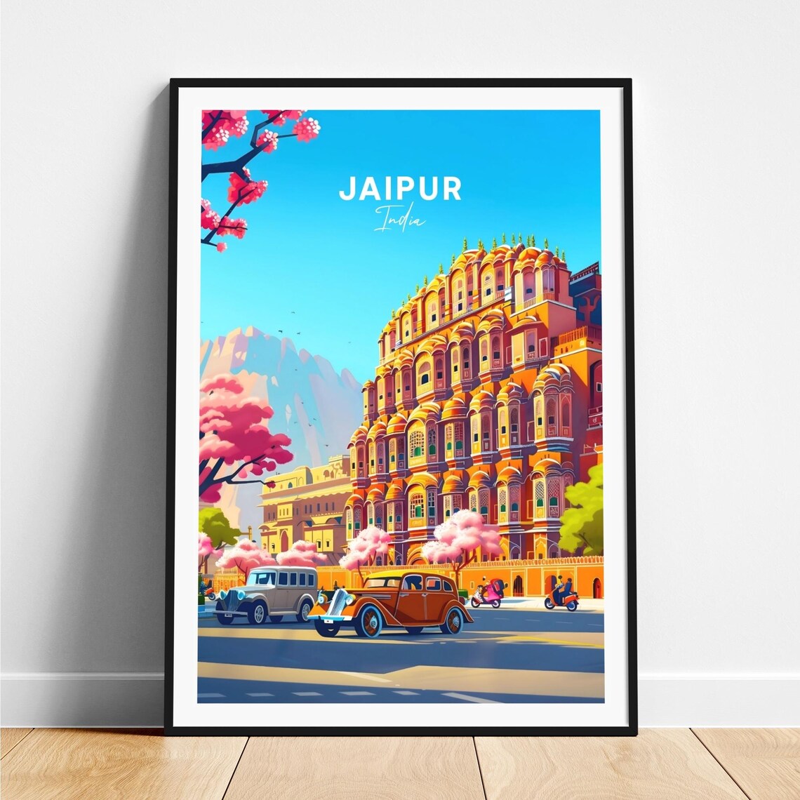 Jaipur India Hawa Mahal Palace with Vintage Cars in Blossom Poster