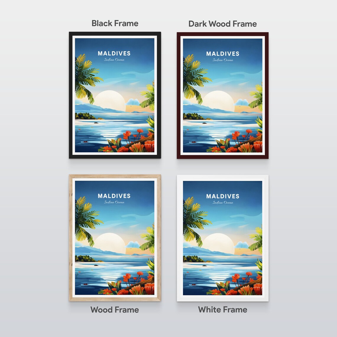 Maldives Indian Ocean Lagoon Flowers Palms Sunrise Travel Poster - Image 2