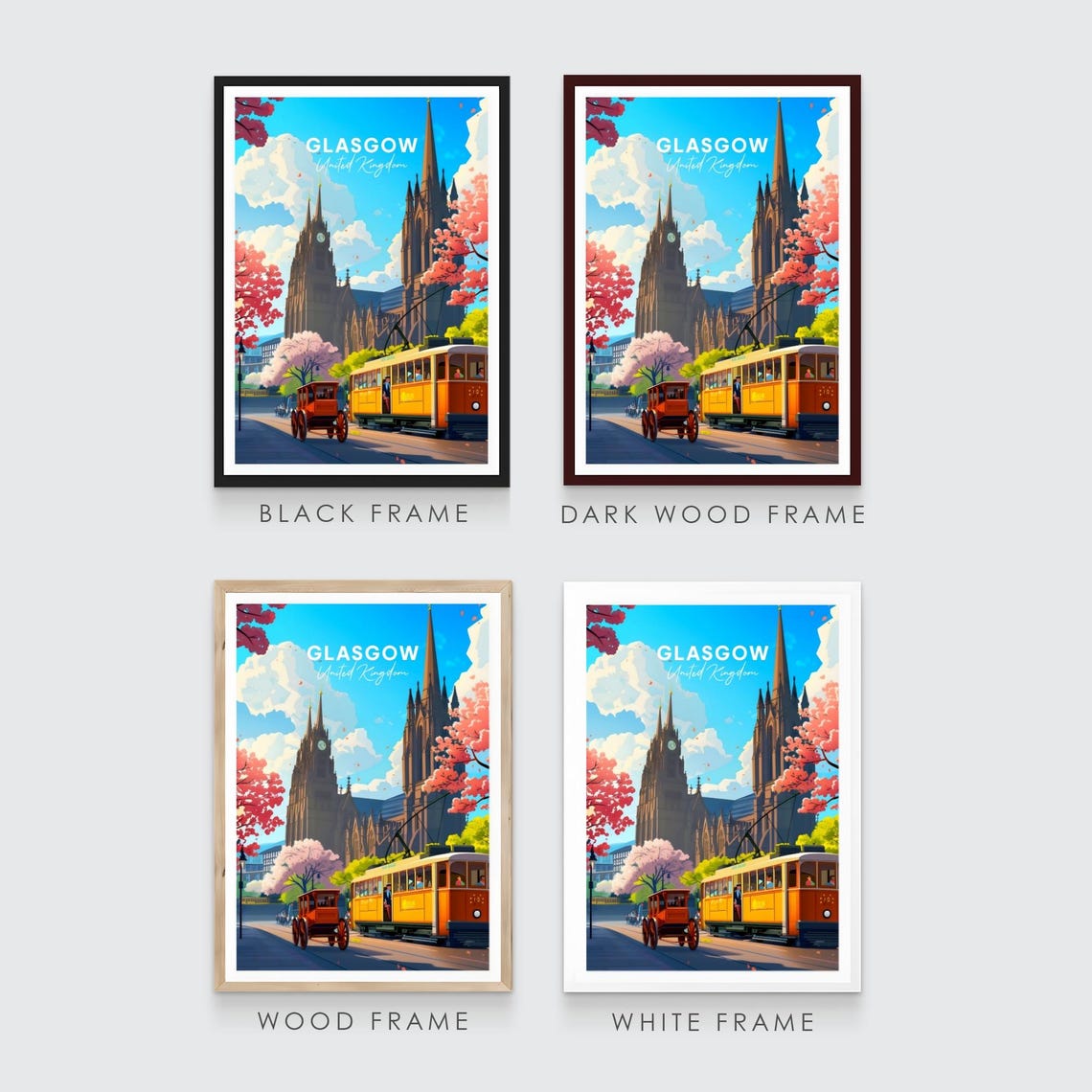 Glasgow Scotland Cathedral Trams Cherry Blossom Travel Poster - Image 3