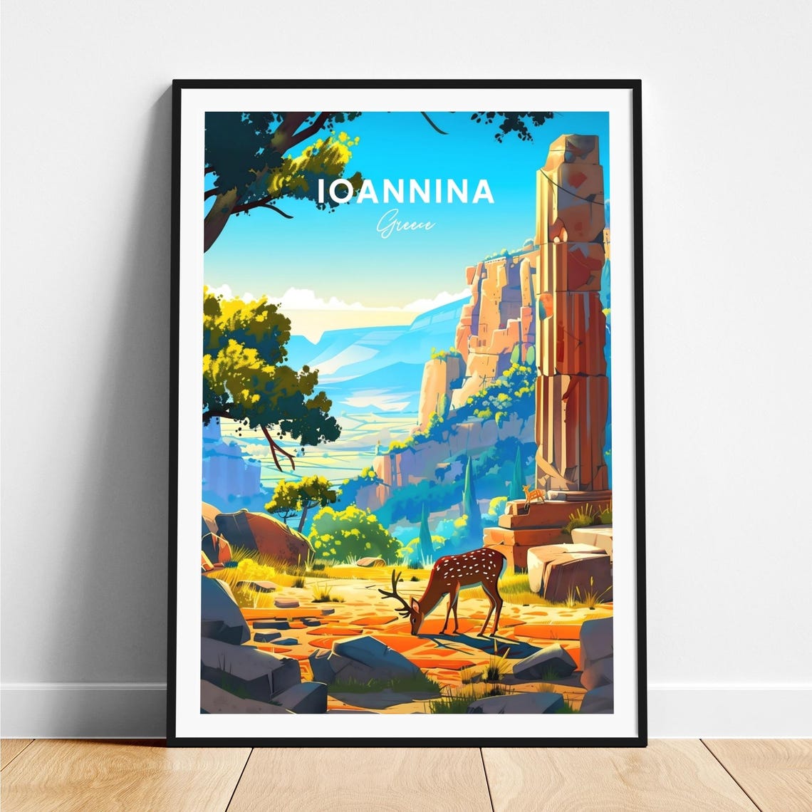Ioannina Greece Deer Drinking by Ancient Column in Rocky Valley Poster