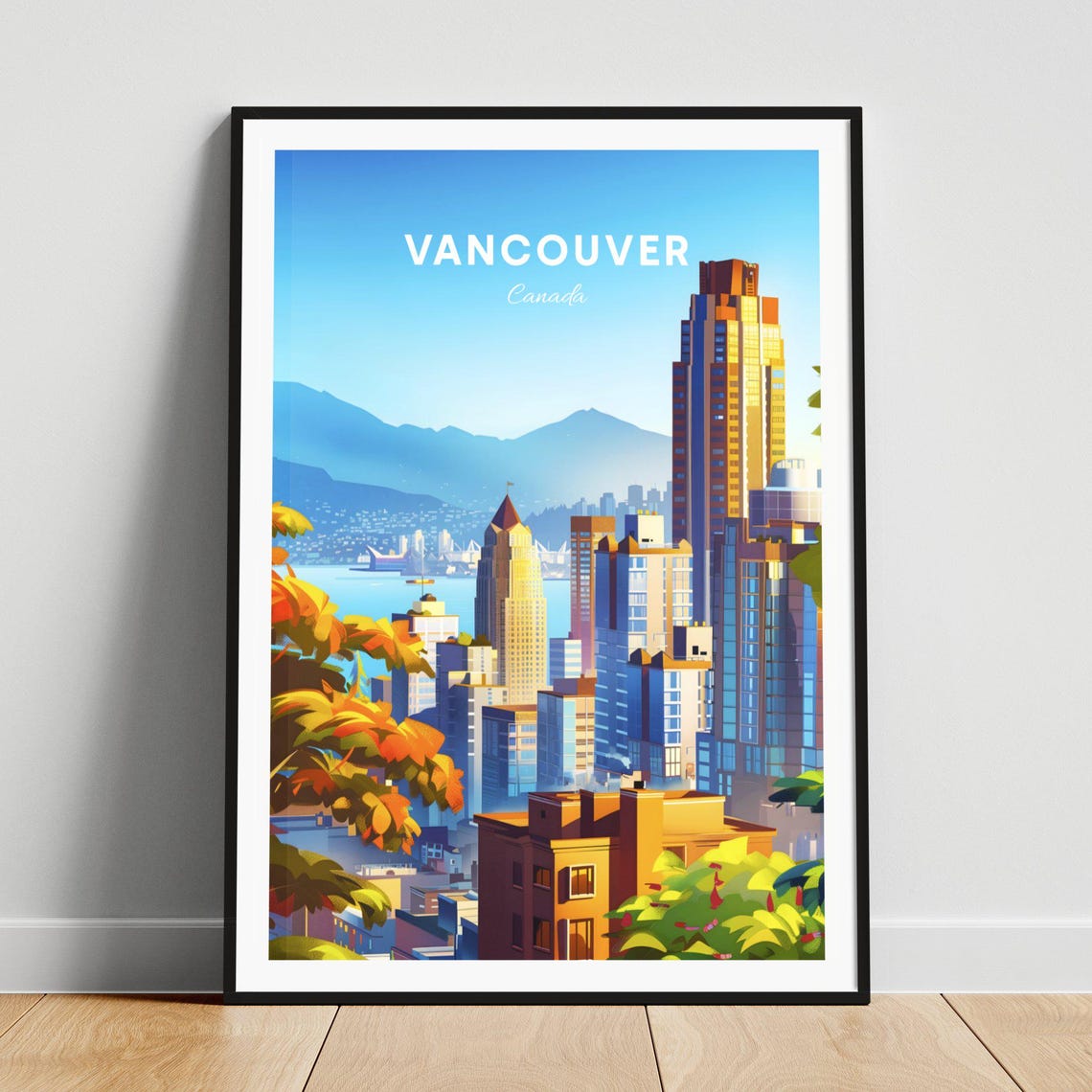 Vancouver Canada Hillside Skyline with Mountains Travel Poster