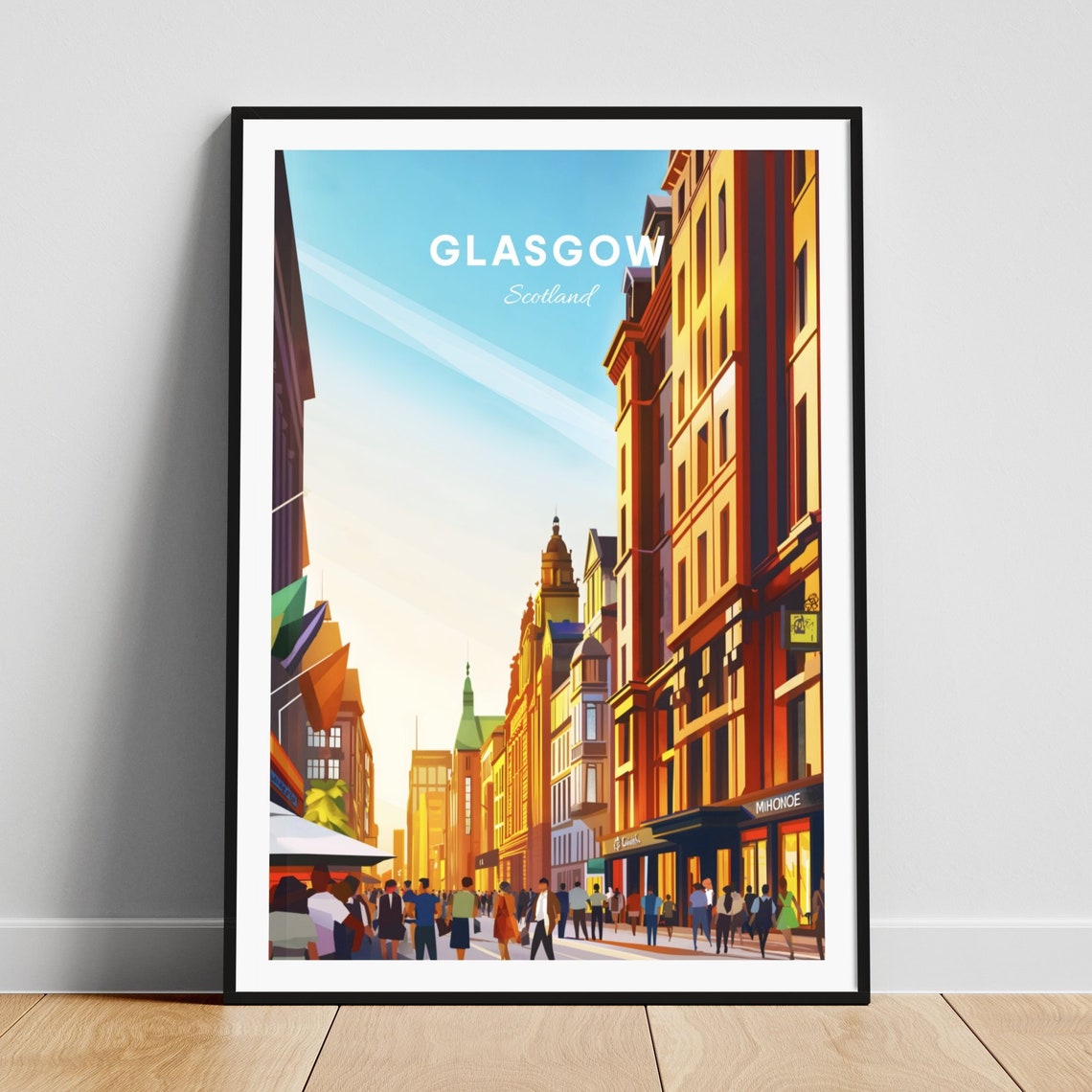 Glasgow Scotland Bustling Shopping Street Crowds Travel Poster