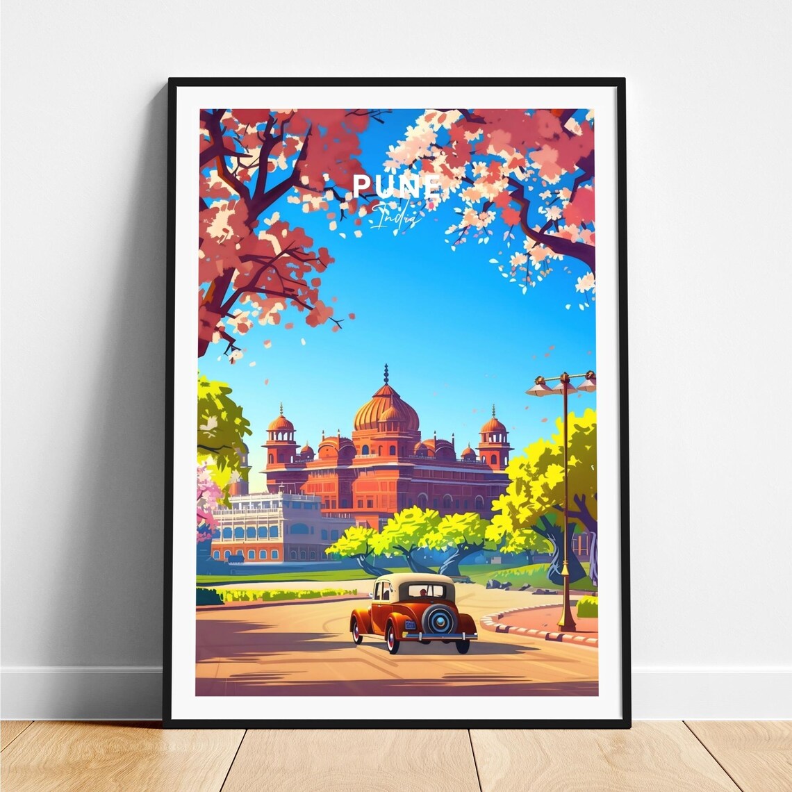 Pune Red Heritage Palace Vintage Car Blossoms India Travel Poster