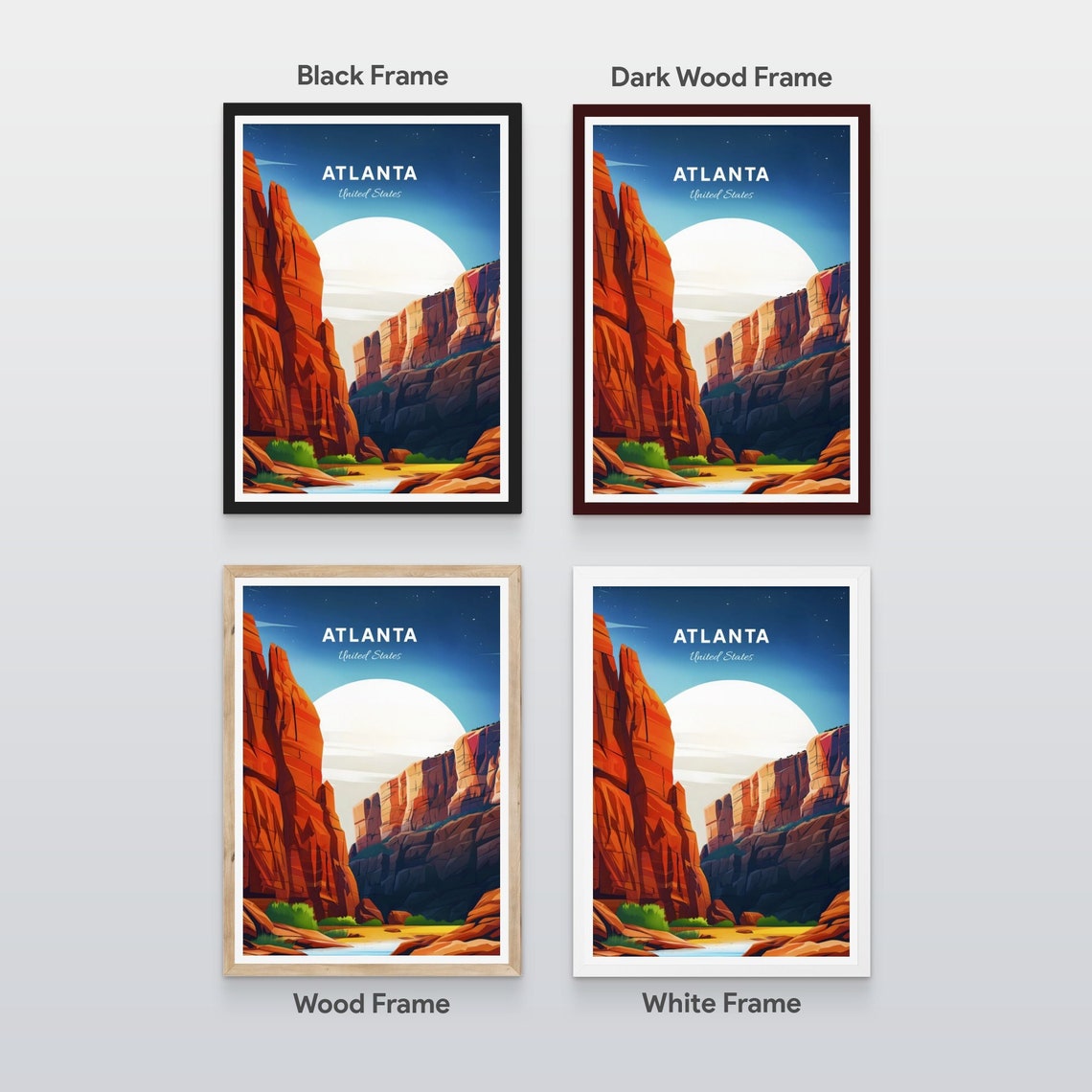Atlanta Georgia Red Rock Gorge Night Moon Starry Retro Poster - Image 2