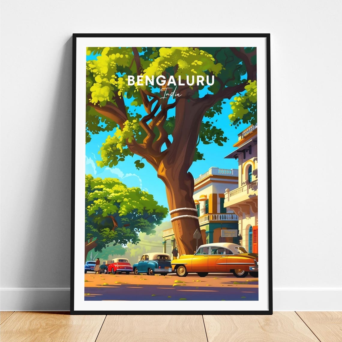 Bengaluru India Vintage Tree Lined Street Classic Cars Poster