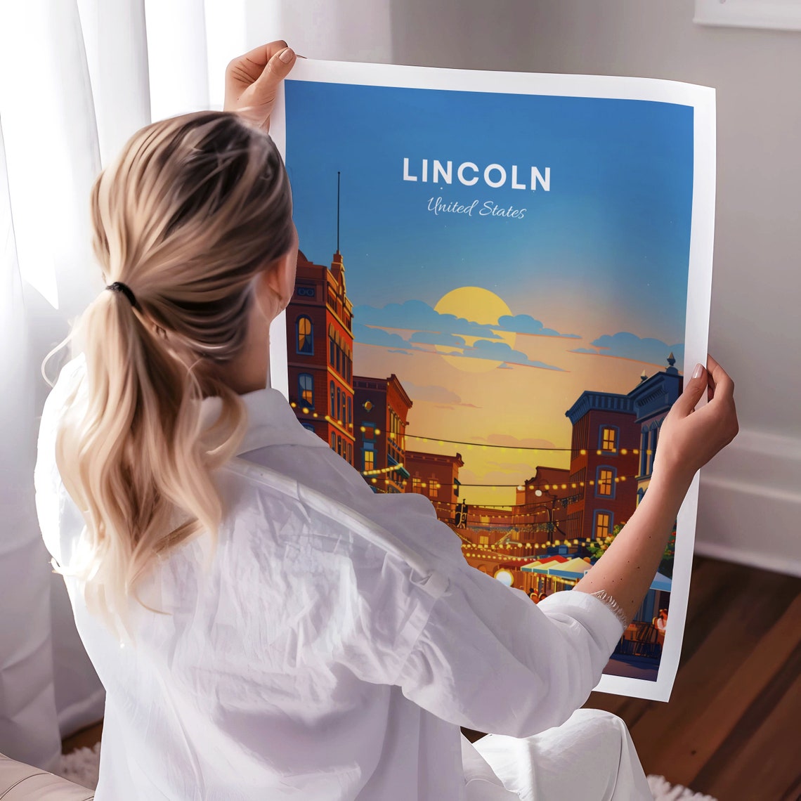 Lincoln United States Old Town Street Sunset String Lights Cafe Poster - Image 3