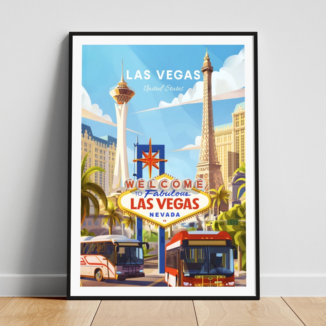 Las Vegas Nevada Welcome Sign Strip Landmarks Neon Travel Poster