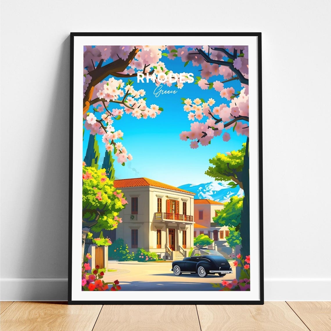Rhodes Greece Cherry Blossom Villa and Vintage Car Art Poster