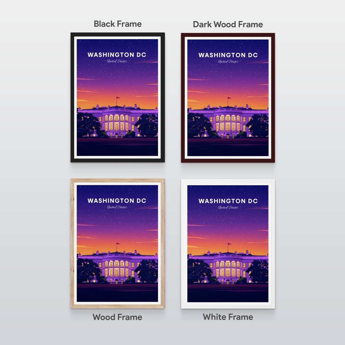 Washington DC White House Starry Dusk Sky Glowing Travel Poster - Image 2
