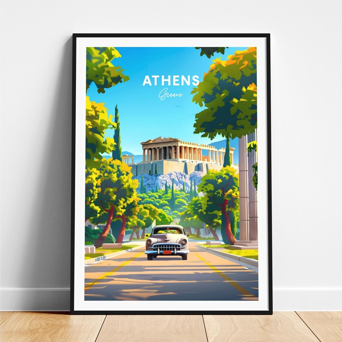 Athens Greece Parthenon Vintage Car Tree Lined Avenue Travel Poster