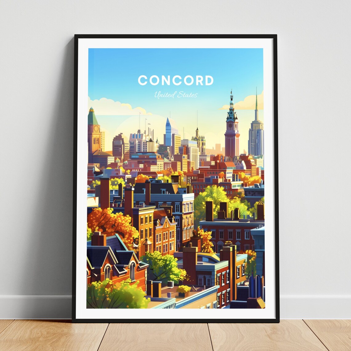 Concord New Hampshire Rooftop Cityscape Towers Morning Travel Poster