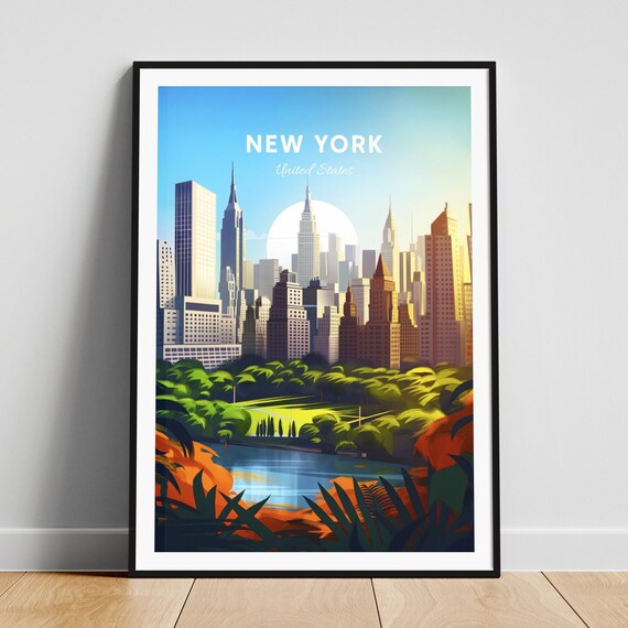 New York Manhattan Skyline Park Pond Moonlit Vintage Travel Poster